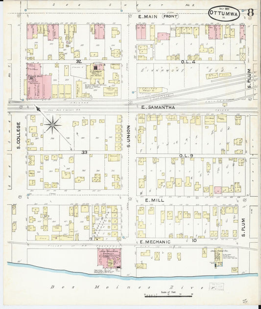 Sanborn Fire Insurance Map from Ottumwa, Wapello County, Iowa (1891), Sheet #0008 - Historic Sanborn Fire Insurance Map Print, vintage old map wall art