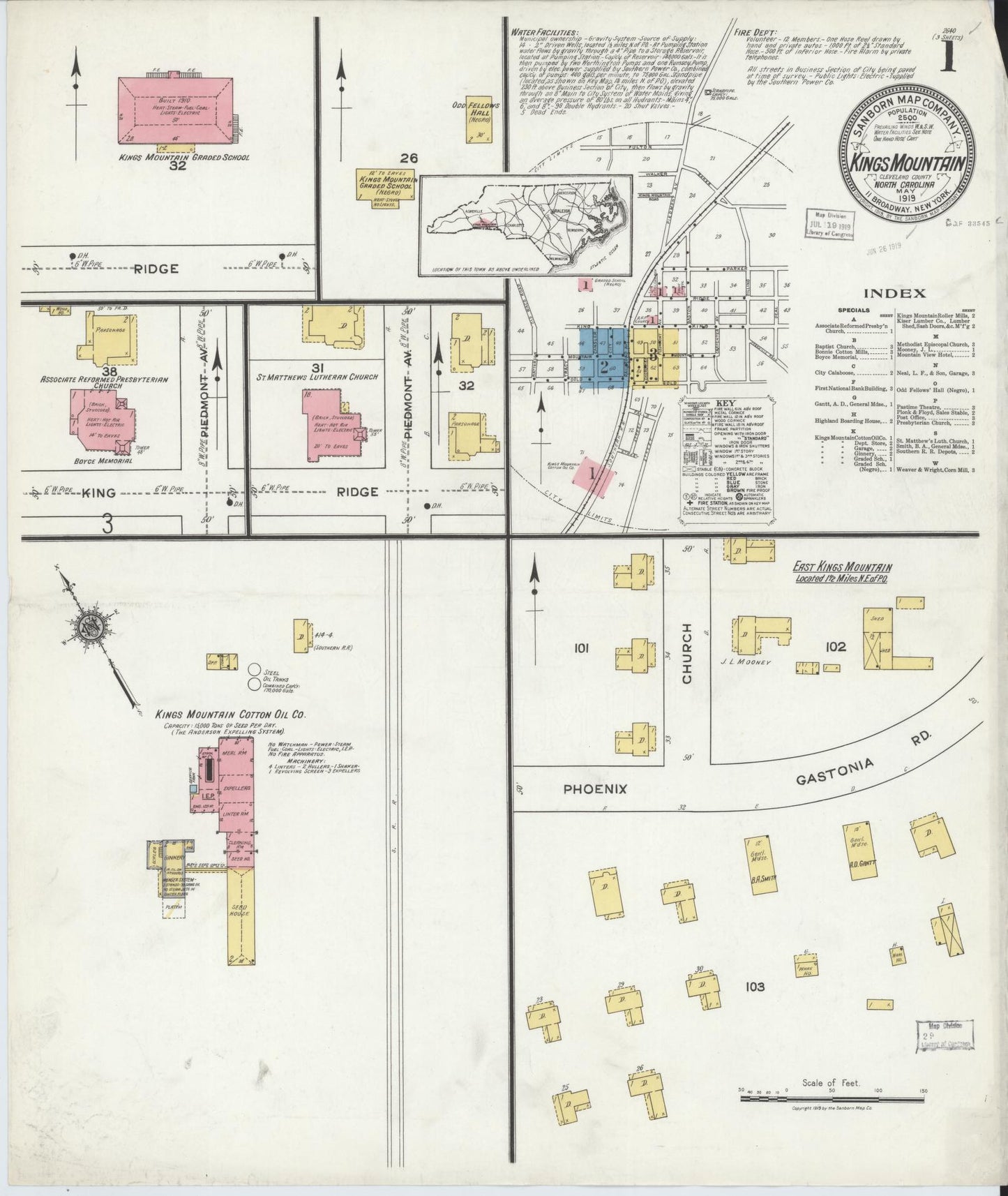 Sanborn Fire Insurance Map from Kings Mountain, Cleveland County, North Carolina (1919), Sheet #0001 - Historic Sanborn Fire Insurance Map Print, vintage old map wall art, antique decor, genealogy gift, North Carolina North Carolina map