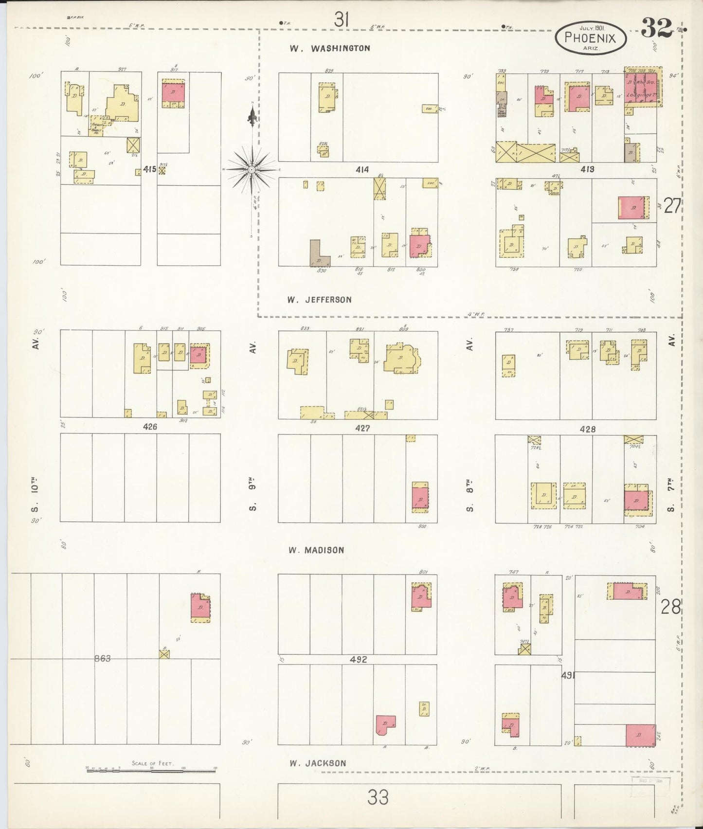 Sanborn Fire Insurance Map from Phoenix, Maricopa County, Arizona (1901), Sheet #0032 - Historic Sanborn Fire Insurance Map Print, vintage old map wall art, antique decor, genealogy gift, Arizona Arizona map