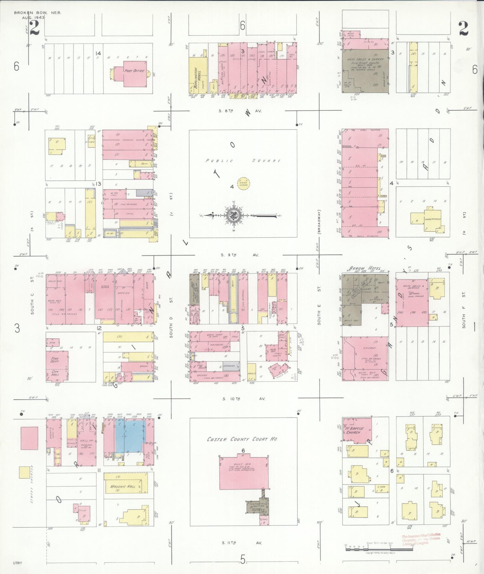 Sanborn Fire Insurance Map from Broken Bow, Custer County, Nebraska (1943), Sheet #0002 - Historic Sanborn Fire Insurance Map Print, vintage old map wall art, antique decor, genealogy gift, Nebraska Nebraska map