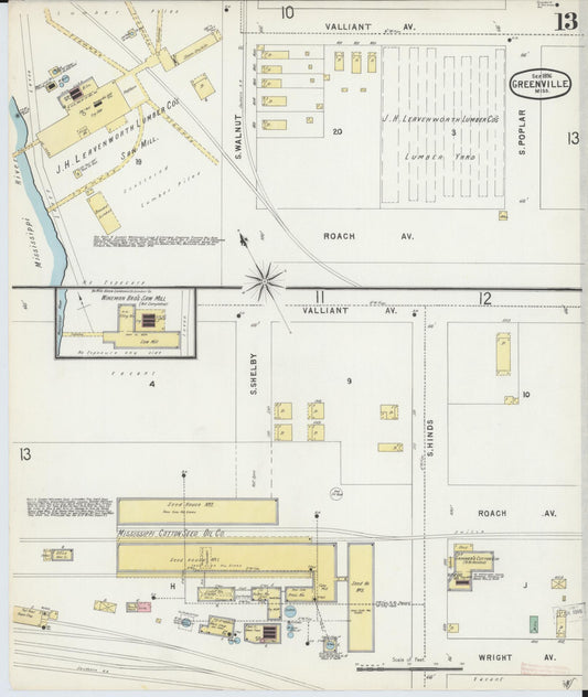Sanborn Fire Insurance Map from Greenville, Washington County, Mississippi (1896), Sheet #0013 - Historic Sanborn Fire Insurance Map Print, vintage old map wall art, antique decor, genealogy gift, Mississippi Mississippi map