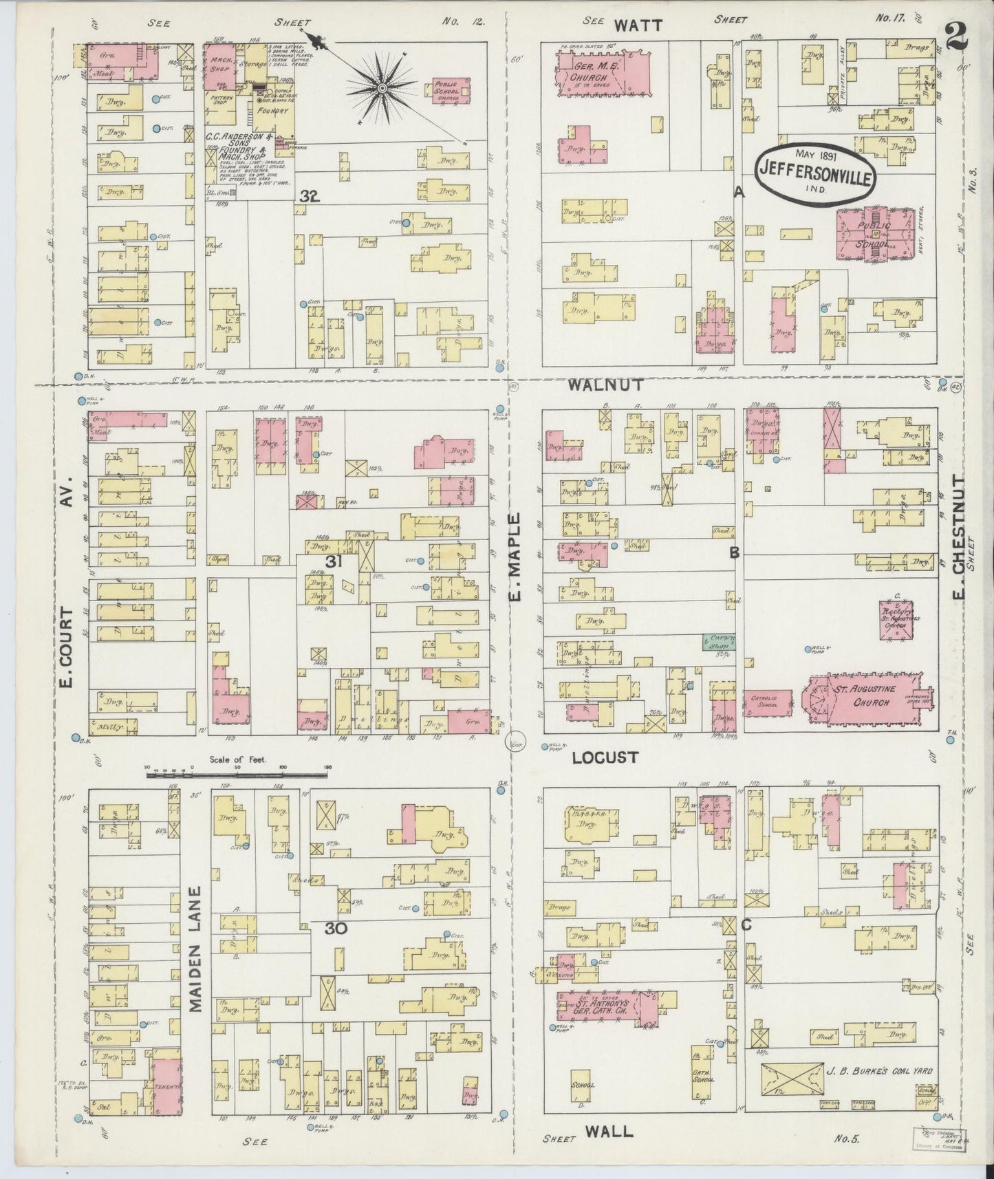 Sanborn Fire Insurance Map from Jeffersonville, Clark County, Indiana (1891), Sheet #0002 - Historic Sanborn Fire Insurance Map Print, vintage old map wall art, antique decor, genealogy gift, Indiana Indiana map