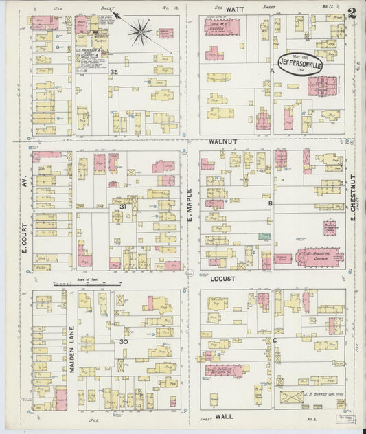 Sanborn Fire Insurance Map from Jeffersonville, Clark County, Indiana (1891), Sheet #0002 - Historic Sanborn Fire Insurance Map Print, vintage old map wall art, antique decor, genealogy gift, Indiana Indiana map