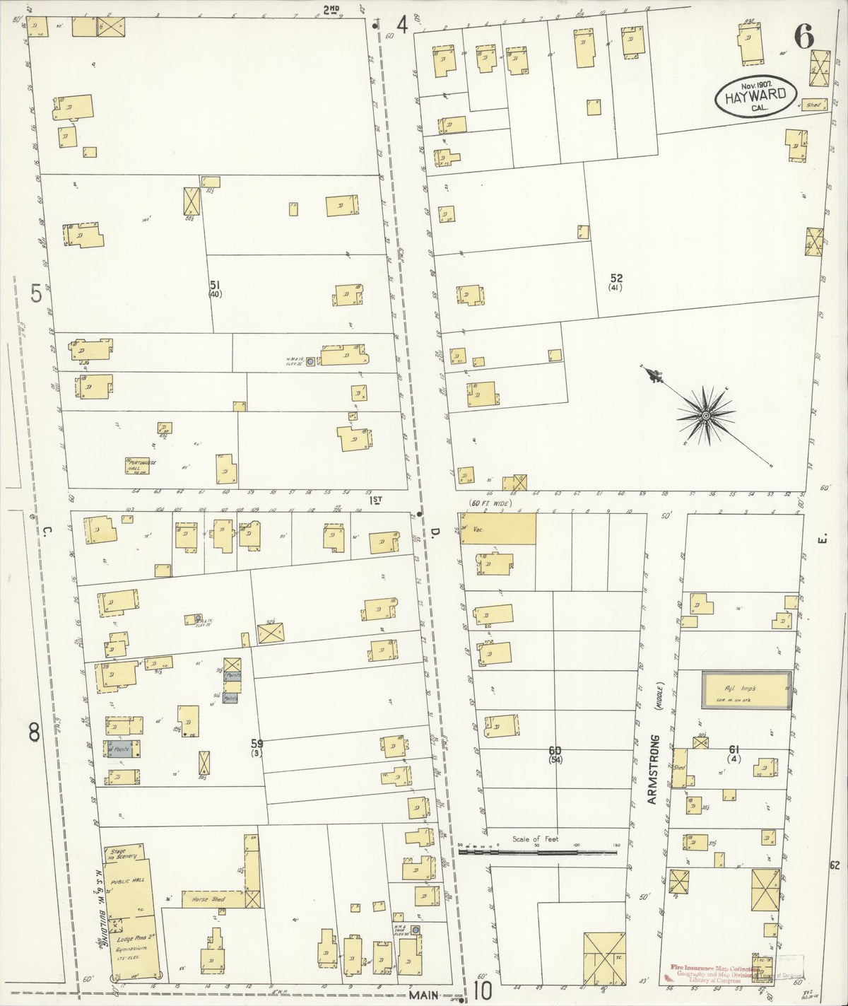 Sanborn Fire Insurance Map from Hayward, Alameda County, California (1907), Sheet #0006 - Complete Map Set gallery image, historic Sanborn map, vintage wall art, California California