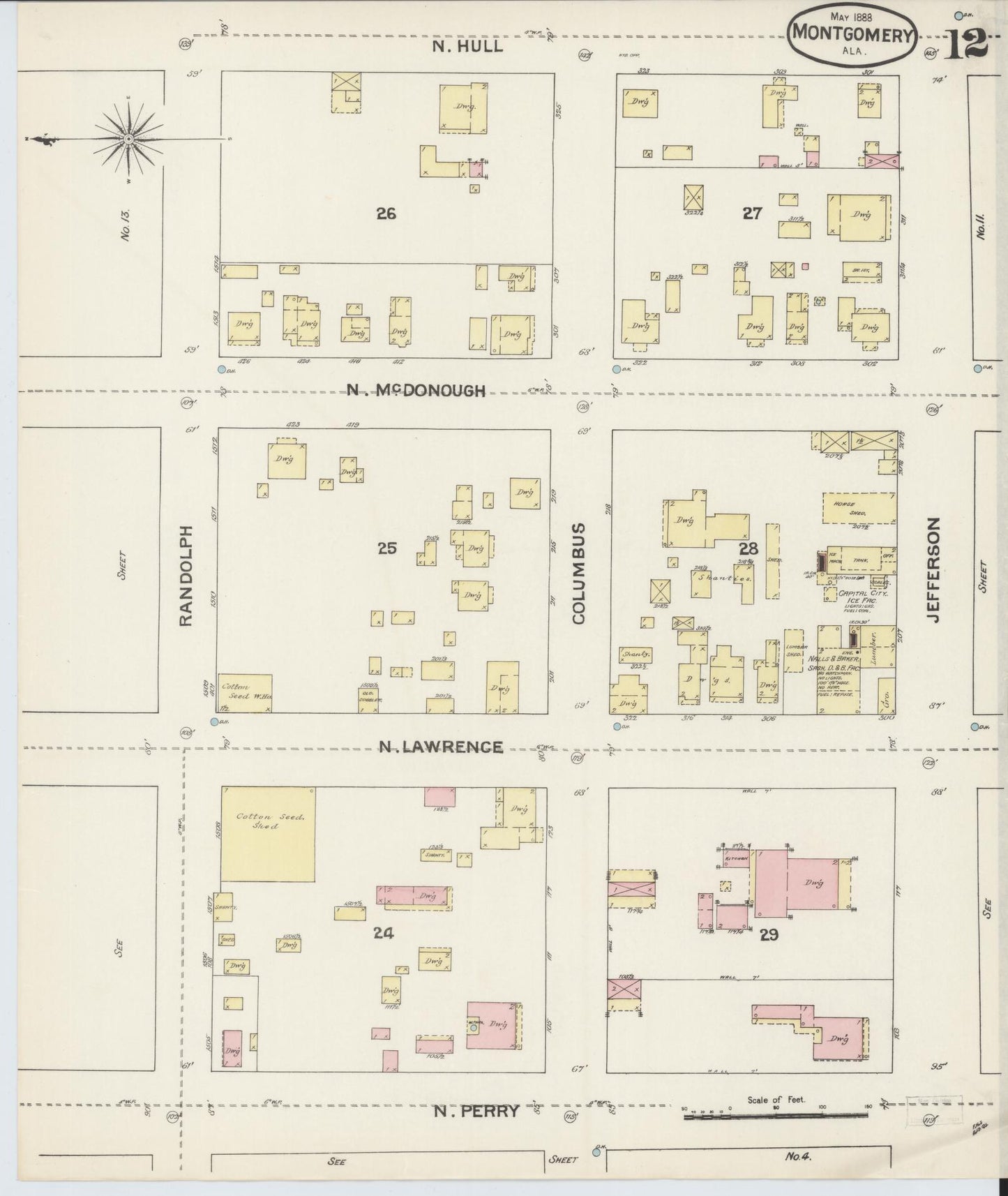 Sanborn Fire Insurance Map from Montgomery, Montgomery County, Alabama (1888), Sheet #0012 - Historic Sanborn Fire Insurance Map Print, vintage old map wall art, antique decor, genealogy gift, Alabama Alabama map