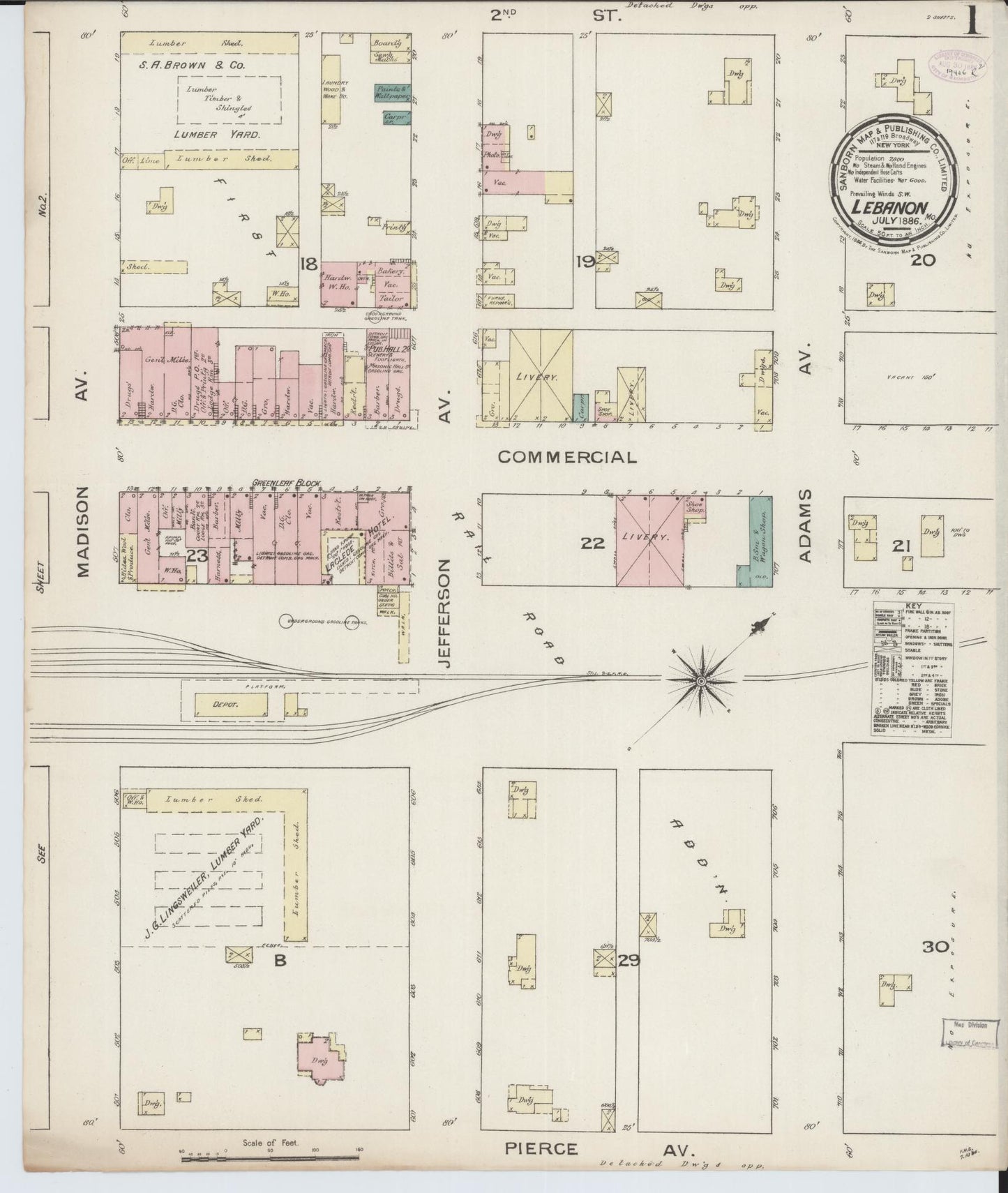 Sanborn Fire Insurance Map from Lebanon, Laclede County, Missouri (1886), Sheet #0001 - Historic Sanborn Fire Insurance Map Print, vintage old map wall art, antique decor, genealogy gift, Missouri Missouri map