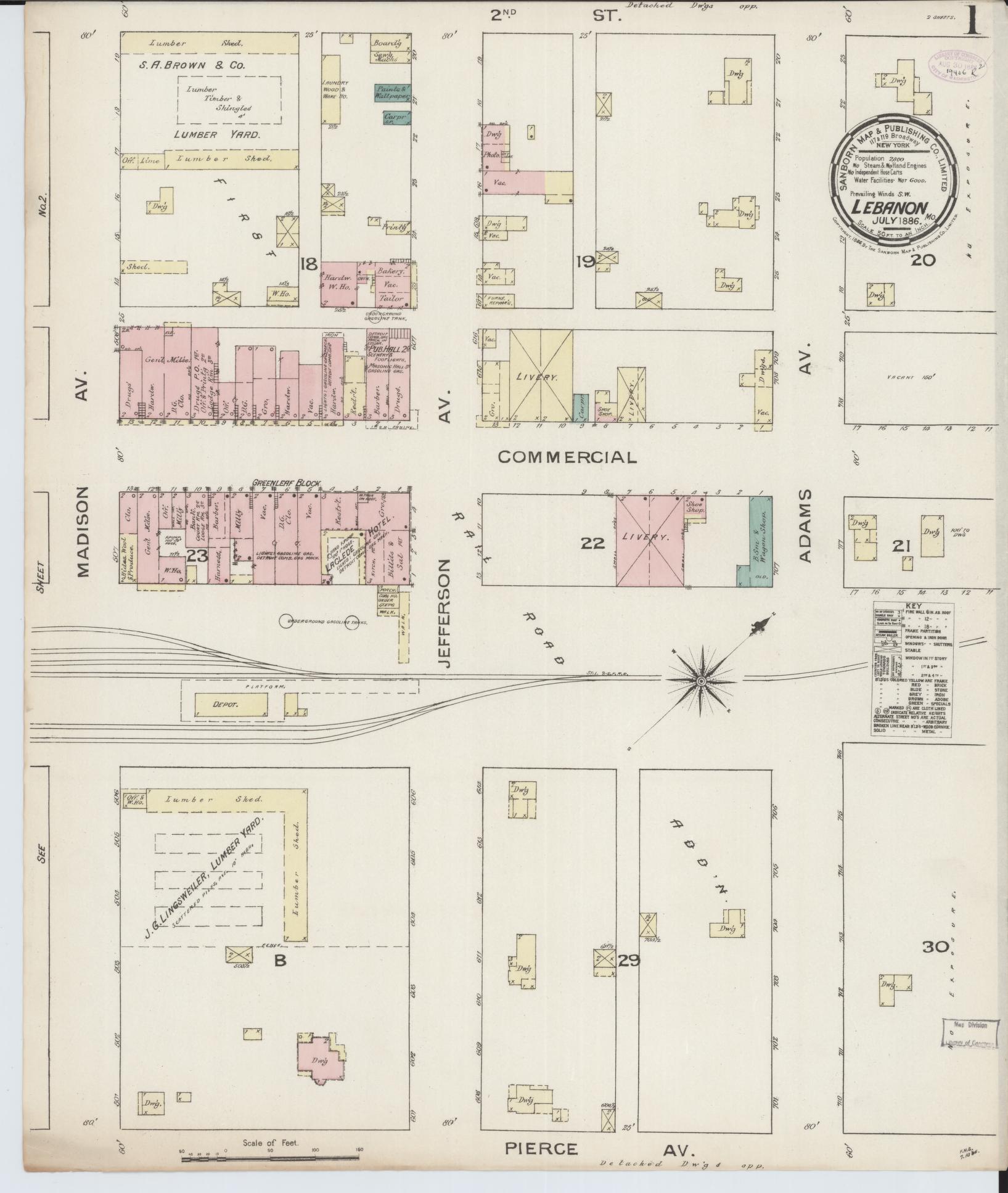 Sanborn Fire Insurance Map from Lebanon, Laclede County, Missouri (1886), Sheet #0001 - Historic Sanborn Fire Insurance Map Print, vintage old map wall art, antique decor, genealogy gift, Missouri Missouri map