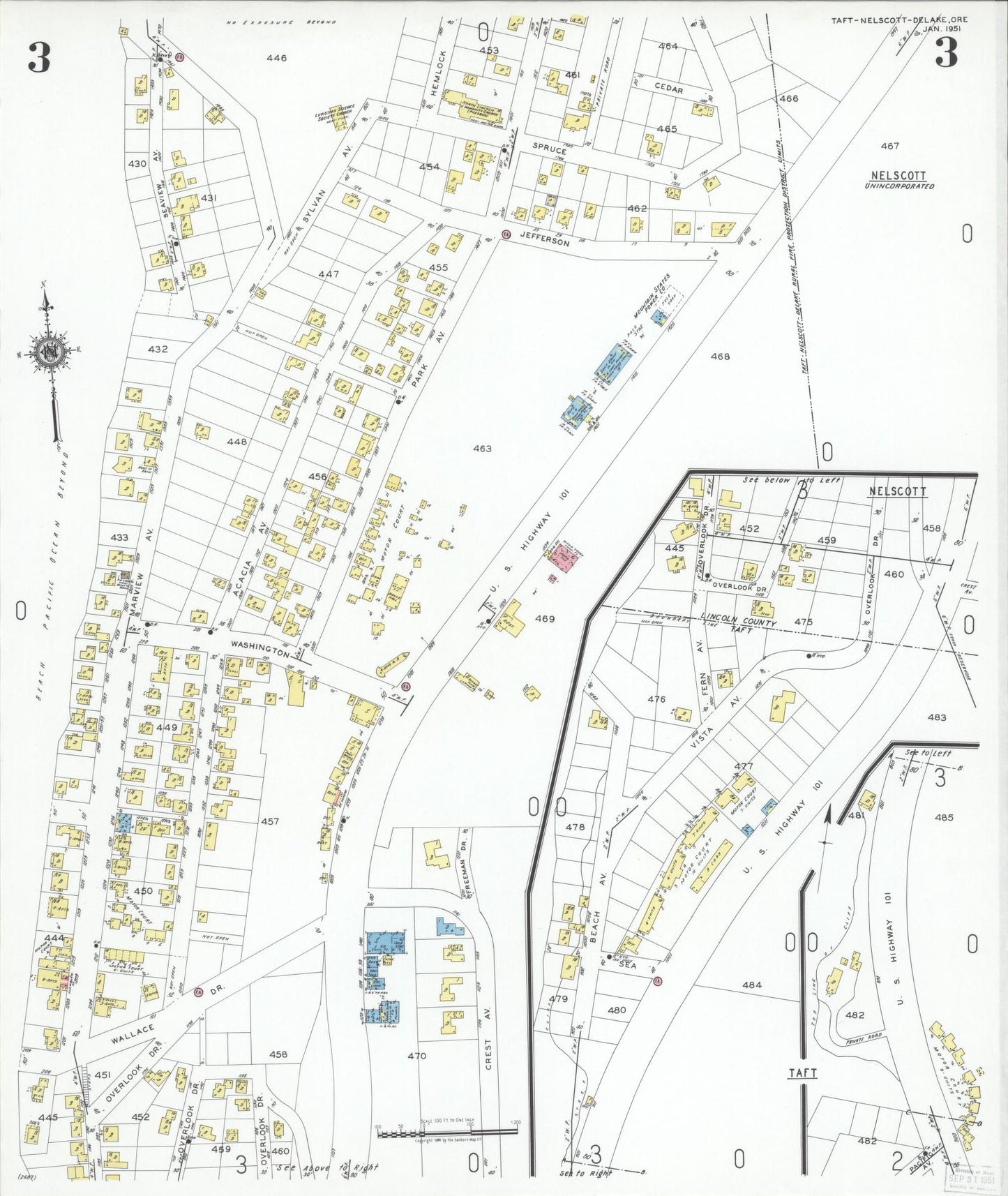 Sanborn Fire Insurance Map from Taft, Lincoln County, Oregon (1951), Sheet #0003 - Complete Map Set gallery image, historic Sanborn map, vintage wall art, Oregon Oregon