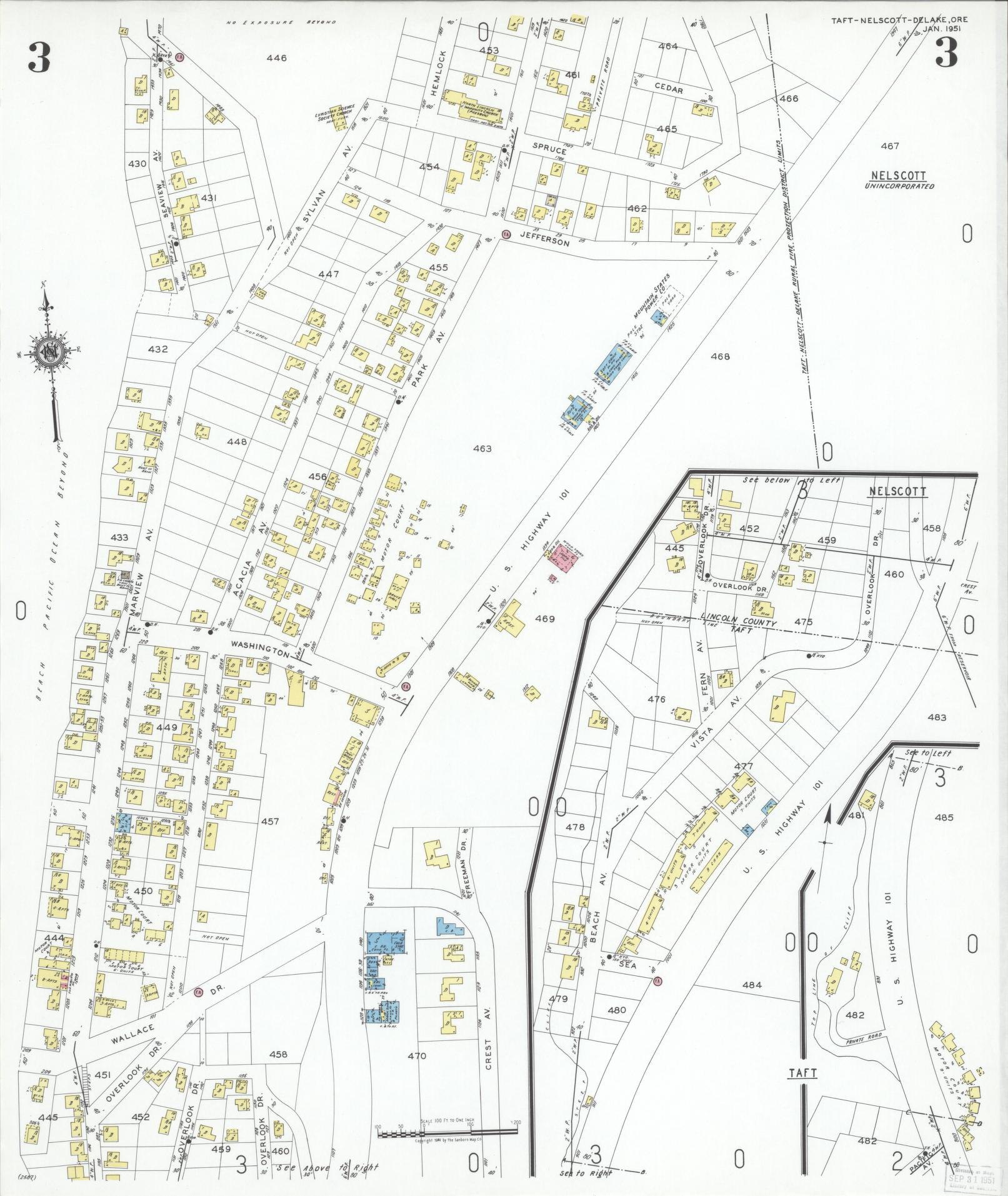 Sanborn Fire Insurance Map from Taft, Lincoln County, Oregon (1951), Sheet #0003 - Complete Map Set gallery image, historic Sanborn map, vintage wall art, Oregon Oregon