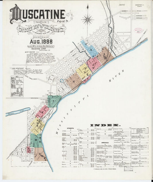 Sanborn Fire Insurance Map from Muscatine, Muscatine County, Iowa (1888), Sheet #0001 - Historic Sanborn Fire Insurance Map Print, vintage old map wall art