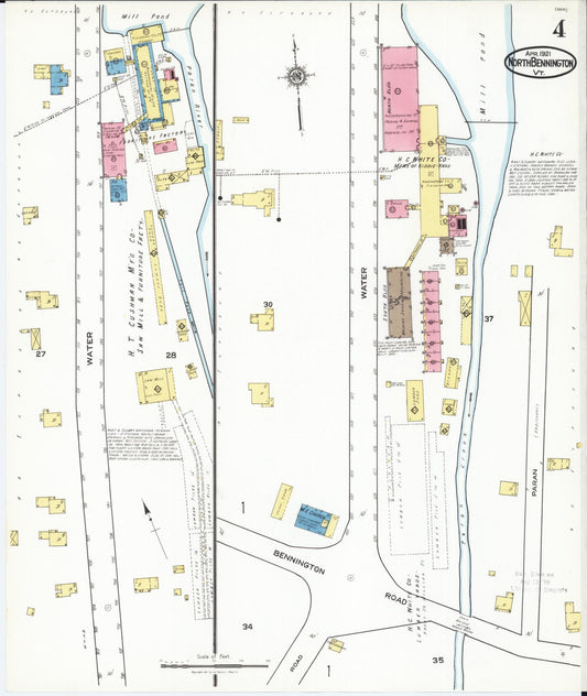 Sanborn Fire Insurance Map from North Bennington, Bennington County, Vermont (1921), Sheet #0004 - Historic Sanborn Fire Insurance Map Print, vintage old map wall art, antique decor, genealogy gift, Vermont Vermont map