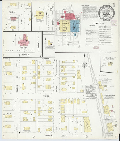 Sanborn Fire Insurance Map from Cando, Towner County, North Dakota (1908), Sheet #0001 - Complete Map Set gallery image, historic Sanborn map, vintage wall art, North Dakota North Dakota