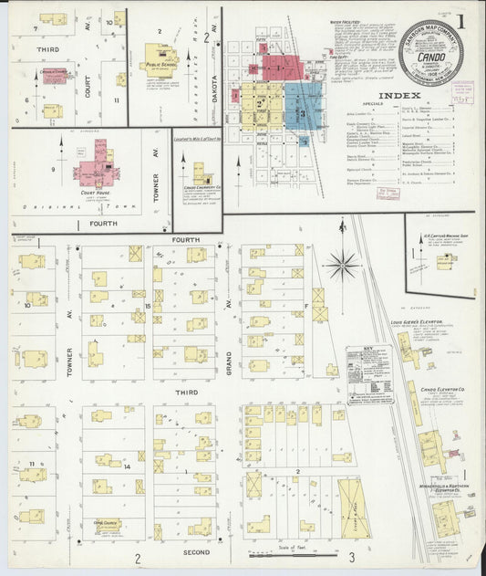 Sanborn Fire Insurance Map from Cando, Towner County, North Dakota (1908), Sheet #0001 - Complete Map Set gallery image, historic Sanborn map, vintage wall art, North Dakota North Dakota