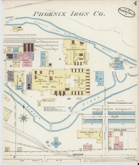 Sanborn Fire Insurance Map from Phoenixville, Chester County, Pennsylvania (1886), Sheet #0004 - Historic Sanborn Fire Insurance Map Print, vintage old map wall art, antique decor, genealogy gift, Pennsylvania Pennsylvania map