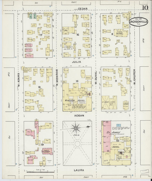 Sanborn Fire Insurance Map from Jacksonville, Duval County, Florida (1891), Sheet #0010 - Historic Sanborn Fire Insurance Map Print, vintage old map wall art, antique decor, genealogy gift, Florida Florida map