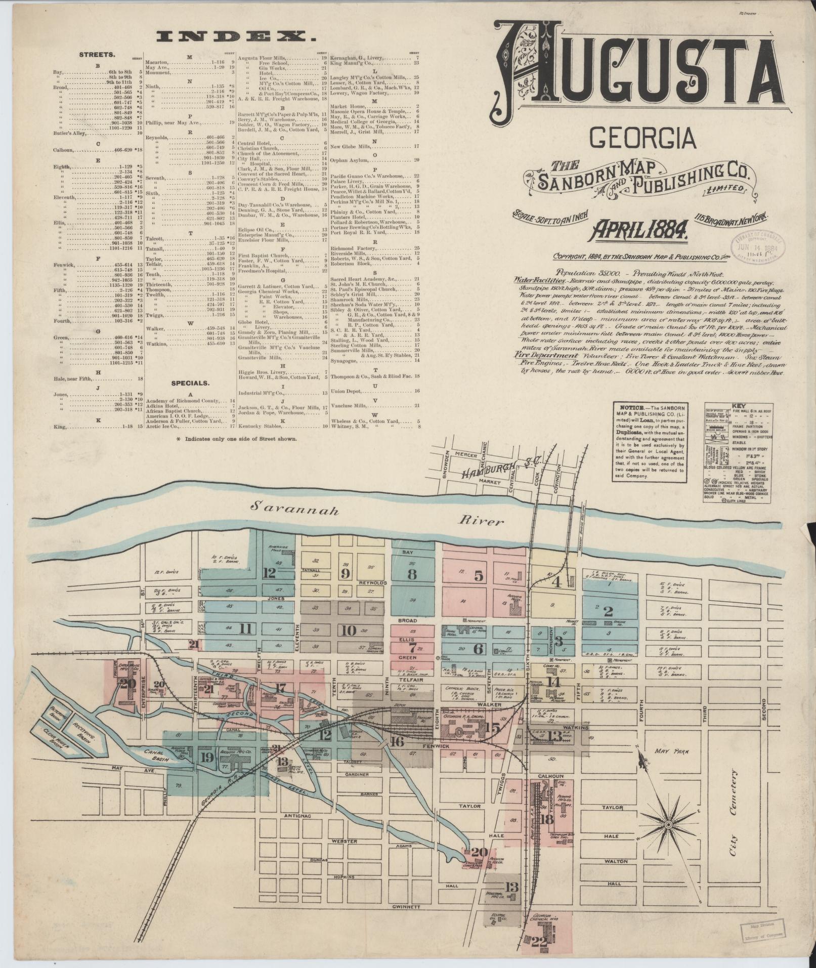 Sanborn Fire Insurance Map from Augusta, Richmond County, Georgia (1884), Sheet #0001 - Complete Map Set gallery image, historic Sanborn map, vintage wall art, Georgia Georgia