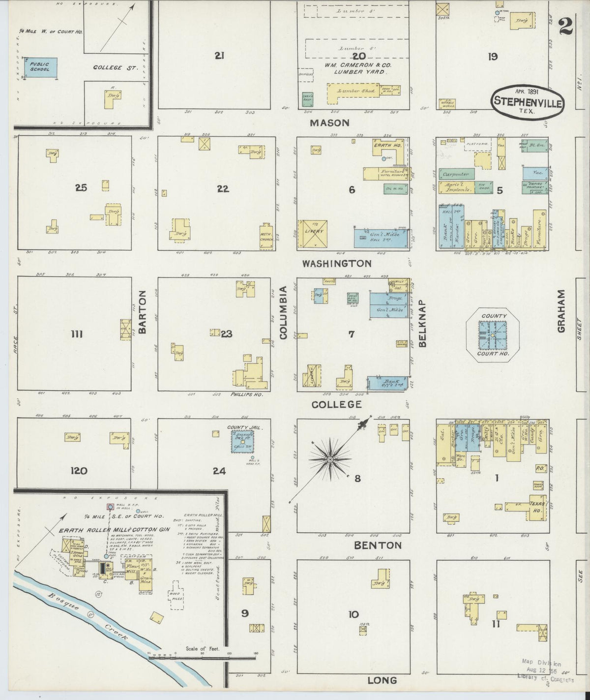 Sanborn Fire Insurance Map from Stephenville, Erath County, Texas (1891), Sheet #0002 - Complete Map Set gallery image, historic Sanborn map, vintage wall art, Texas Texas