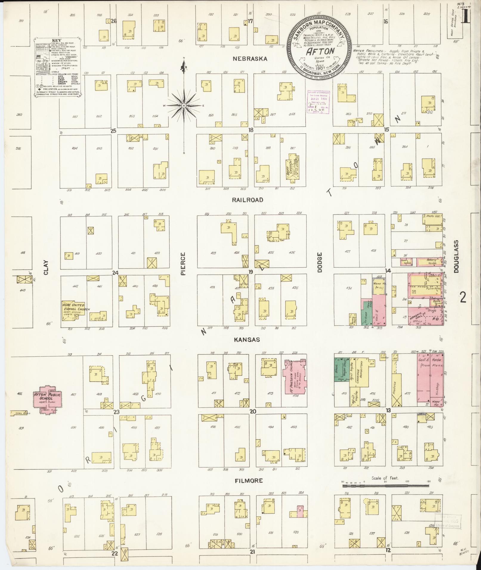 Sanborn Fire Insurance Map from Afton, Union County, Iowa (1907), Sheet #0001 - Historic Sanborn Fire Insurance Map Print, vintage old map wall art