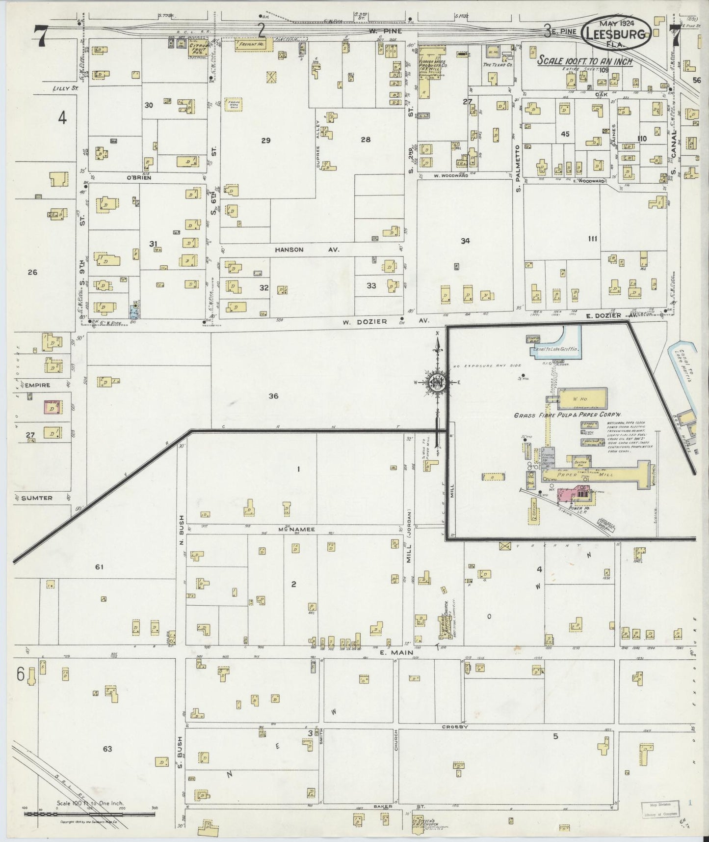 Sanborn Fire Insurance Map from Leesburg, Lake County, Florida (1924), Sheet #0007 - Historic Sanborn Fire Insurance Map Print, vintage old map wall art, antique decor, genealogy gift, Florida Florida map