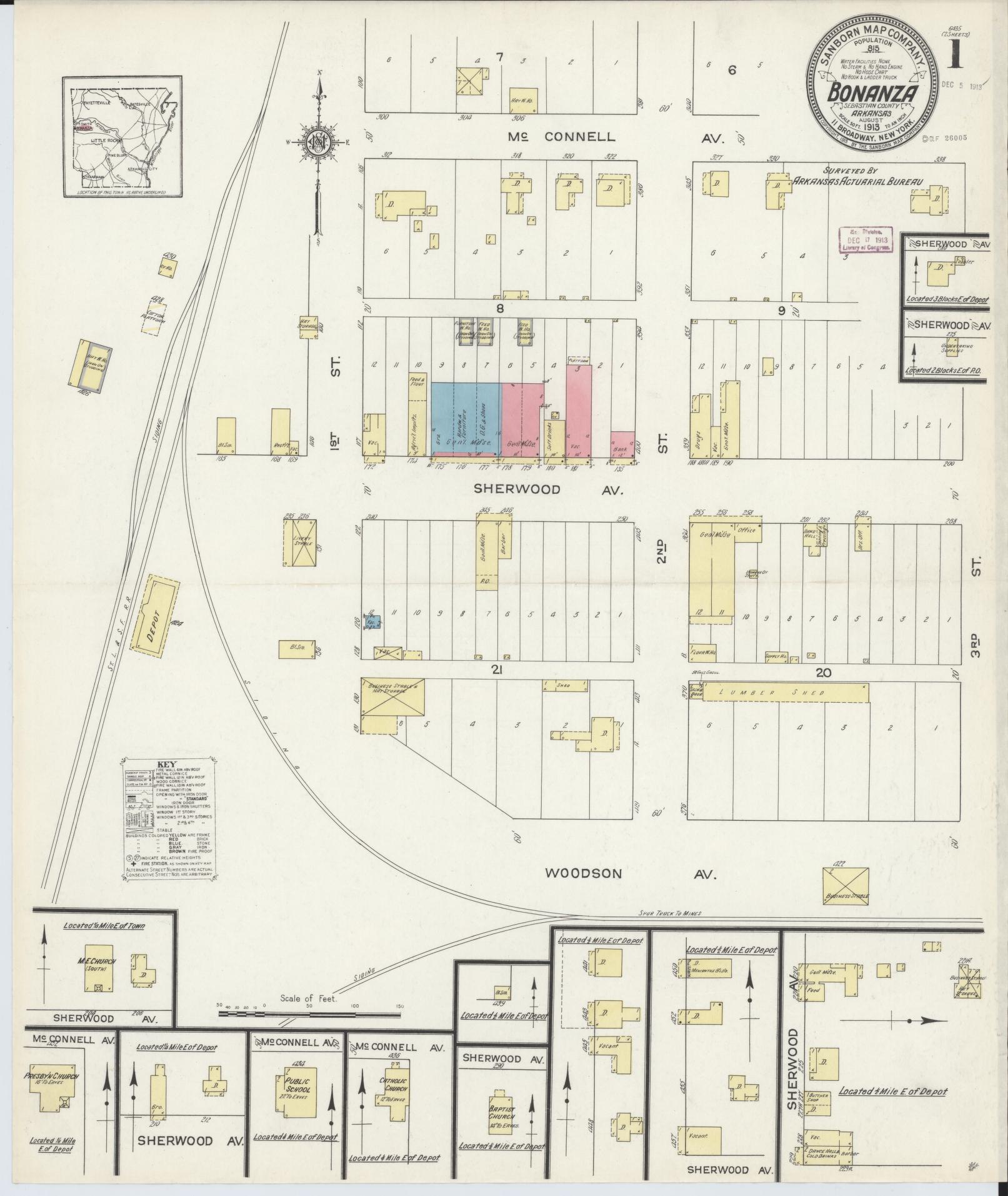 Sanborn Fire Insurance Map from Bonanza, Sebastian County, Arkansas (1913), Sheet #0001 - Historic Sanborn Fire Insurance Map Print, vintage old map wall art, antique decor, genealogy gift, Arkansas Arkansas map