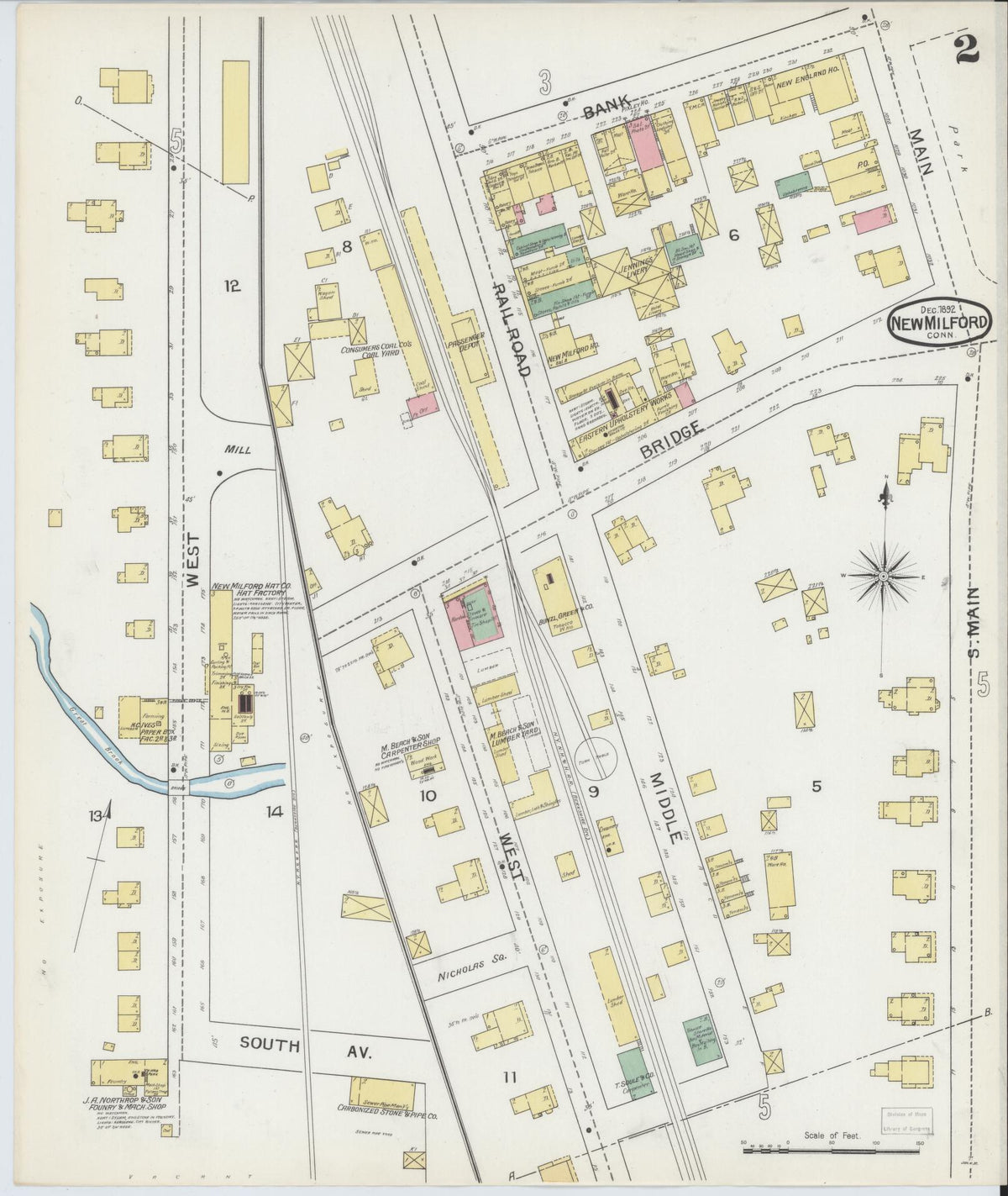 Sanborn Fire Insurance Map from New Milford, Litchfield County, Connecticut (1892), Sheet #0002 - Historic Sanborn Fire Insurance Map Print, vintage old map wall art, antique decor, genealogy gift, Connecticut Connecticut map