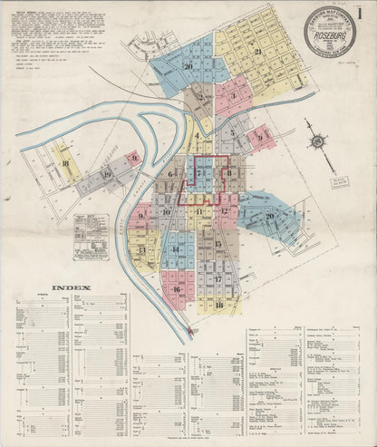 Sanborn Fire Insurance Map from Roseburg, Douglas County, Oregon (1920), Sheet #0001 - Complete Map Set gallery image, historic Sanborn map, vintage wall art, Oregon Oregon