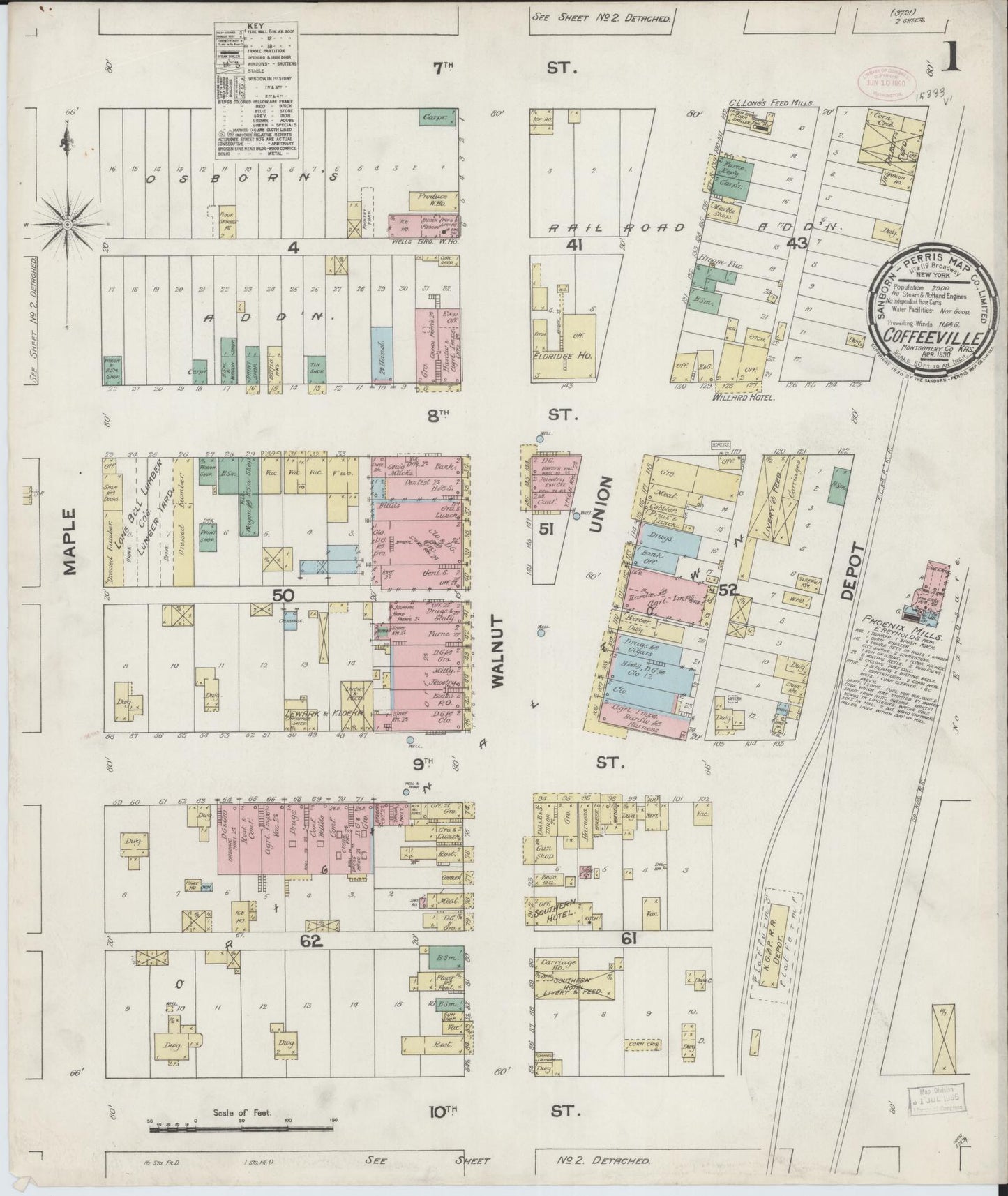 Sanborn Fire Insurance Map from Coffeyville, Montgomery County, Kansas (1890), Sheet #0001 - Complete Map Set gallery image, historic Sanborn map, vintage wall art, Kansas Kansas