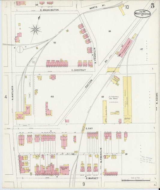 Sanborn Fire Insurance Map from West Chester, Chester County, Pennsylvania (1896), Sheet #0005 - Historic Sanborn Fire Insurance Map Print, vintage old map wall art, antique decor, genealogy gift, Pennsylvania Pennsylvania map