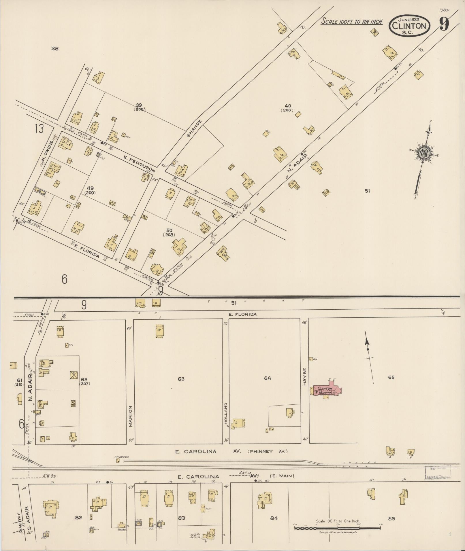 Sanborn Fire Insurance Map from Clinton, Laurens County, South Carolina (1922), Sheet #0009 - Complete Map Set gallery image, historic Sanborn map, vintage wall art, South Carolina South Carolina