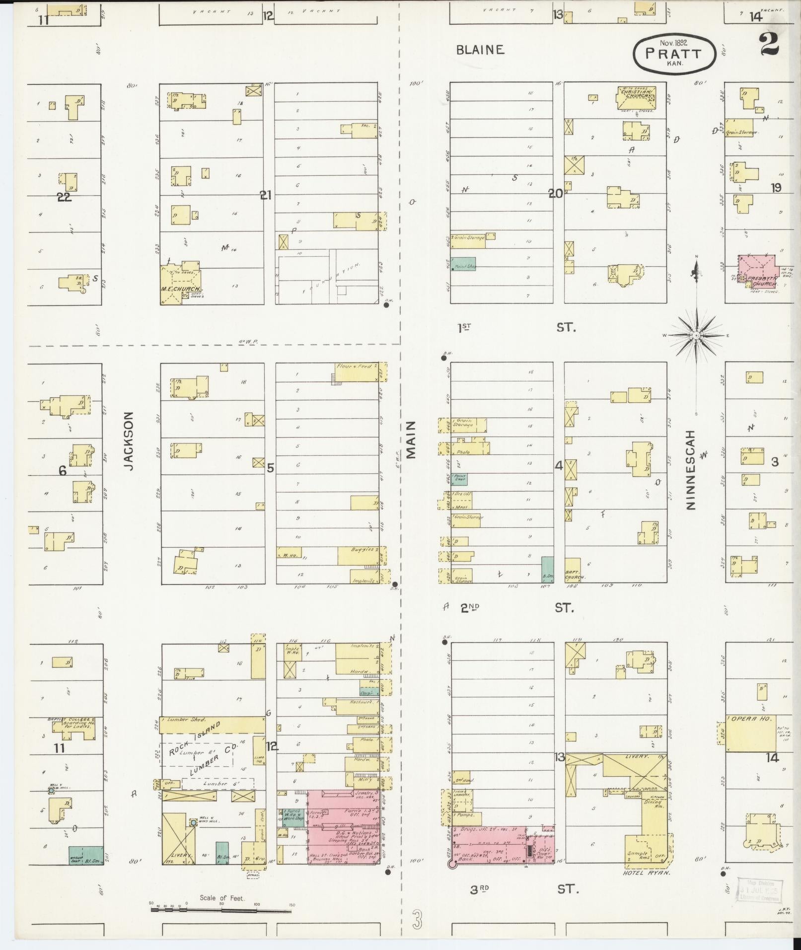 Sanborn Fire Insurance Map from Pratt, Pratt County, Kansas (1892), Sheet #0002 - Complete Map Set gallery image, historic Sanborn map, vintage wall art, Kansas Kansas