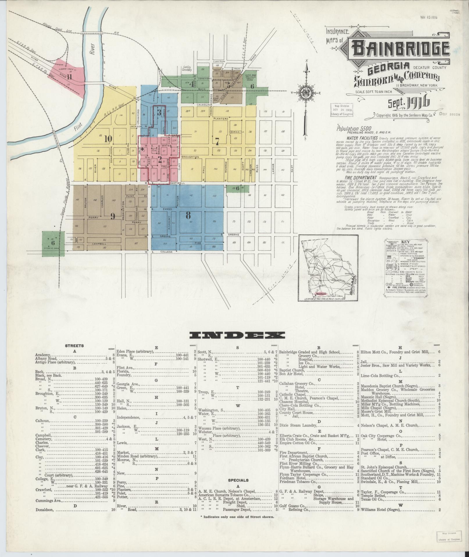 Sanborn Fire Insurance Map from Bainbridge, Decatur County, Georgia (1916), Sheet #0001 - Complete Map Set gallery image, historic Sanborn map, vintage wall art, Georgia Georgia