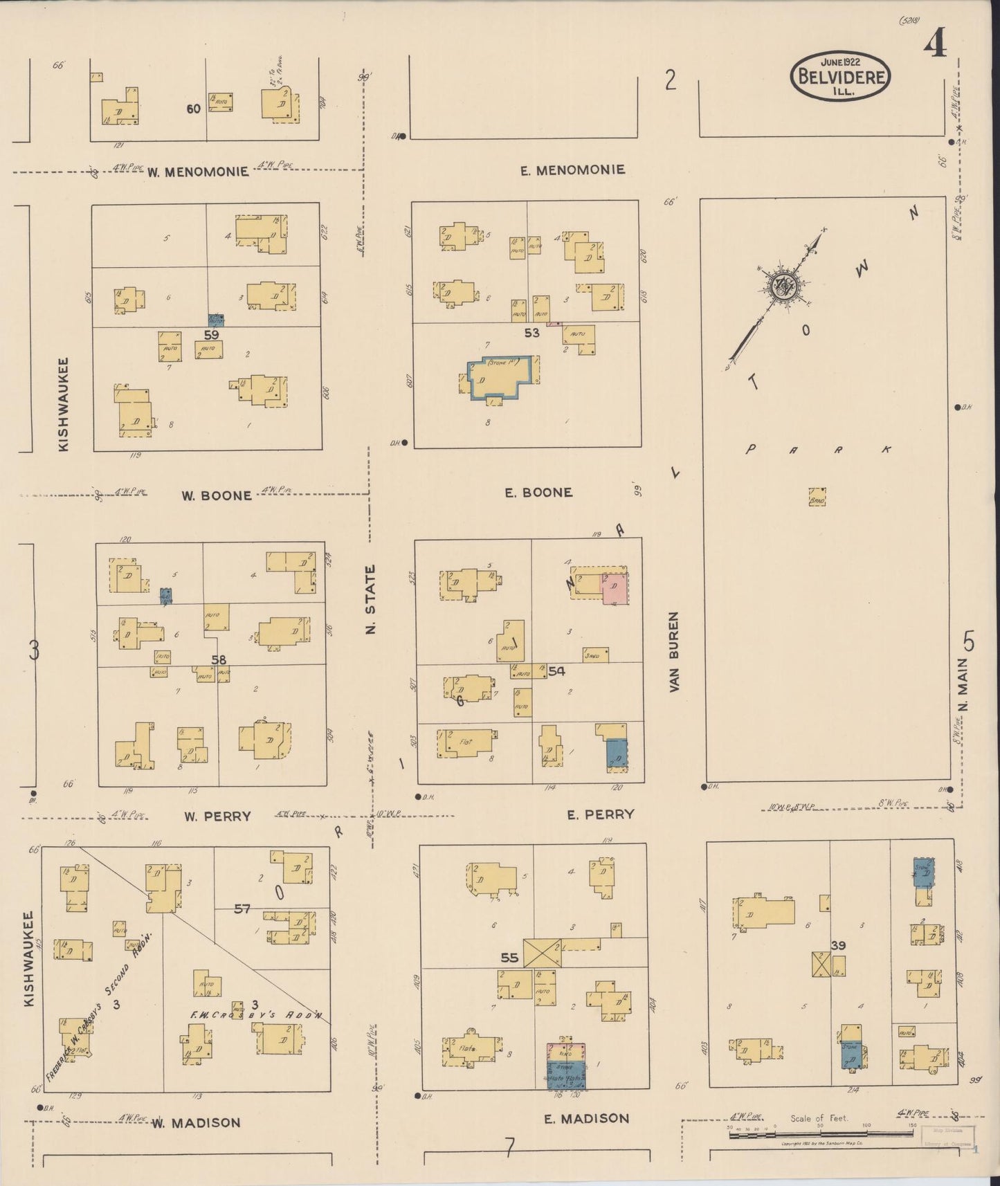 Sanborn Fire Insurance Map from Belvidere, Boone County, Illinois (1922), Sheet #0004 - Complete Map Set gallery image, historic Sanborn map, vintage wall art, Illinois Illinois