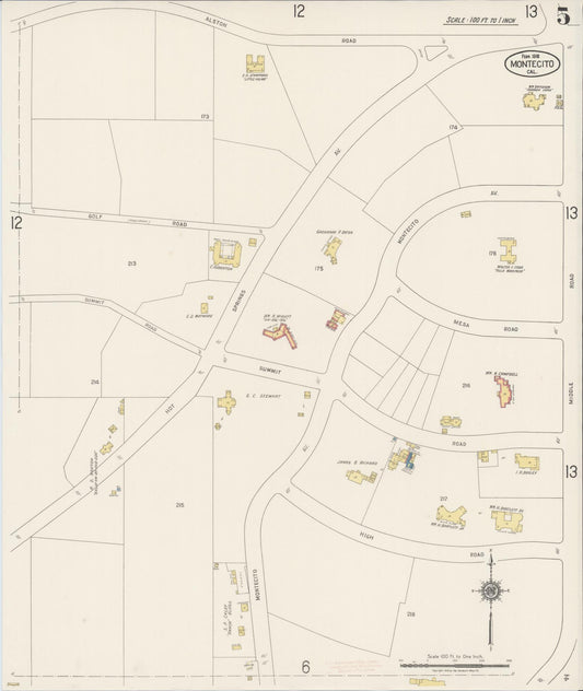 Sanborn Fire Insurance Map from Montecito, Santa Barbara County, California (1918), Sheet #0005 - Historic Sanborn Fire Insurance Map Print, vintage old map wall art, antique decor, genealogy gift, California California map