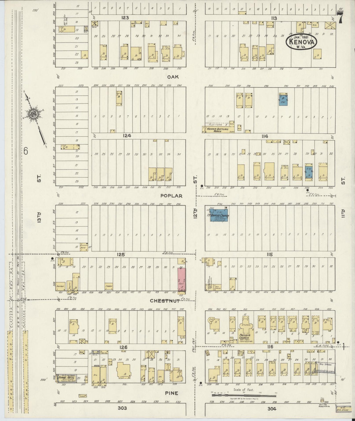 Sanborn Fire Insurance Map from Kenova, Wayne County, West Virginia (1921), Sheet #0007 - Historic Sanborn Fire Insurance Map Print, vintage old map wall art, antique decor, genealogy gift, West Virginia West Virginia map