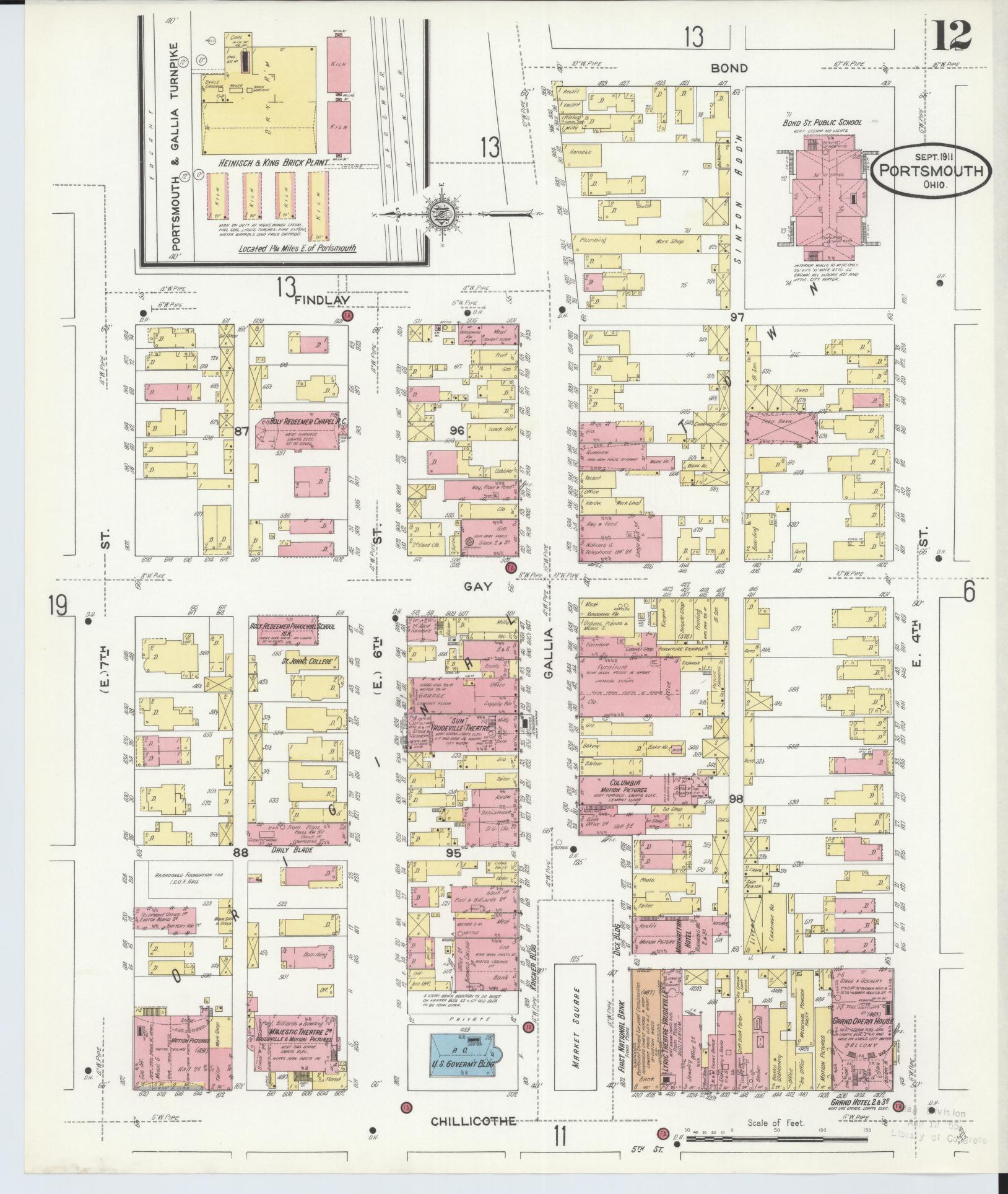 Sanborn Fire Insurance Map from Portsmouth, Scioto County, Ohio (1911), Sheet #0012 - Historic Sanborn Fire Insurance Map Print, vintage old map wall art, antique decor, genealogy gift, Ohio Ohio map