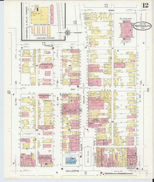 Sanborn Fire Insurance Map from Portsmouth, Scioto County, Ohio (1911), Sheet #0012 - Historic Sanborn Fire Insurance Map Print, vintage old map wall art, antique decor, genealogy gift, Ohio Ohio map