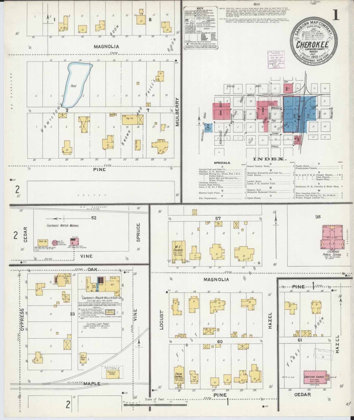 Sanborn Fire Insurance Map from Cherokee, Crawford County, Kansas (1905), Sheet #0001 - Complete Map Set gallery image, historic Sanborn map, vintage wall art, Kansas Kansas