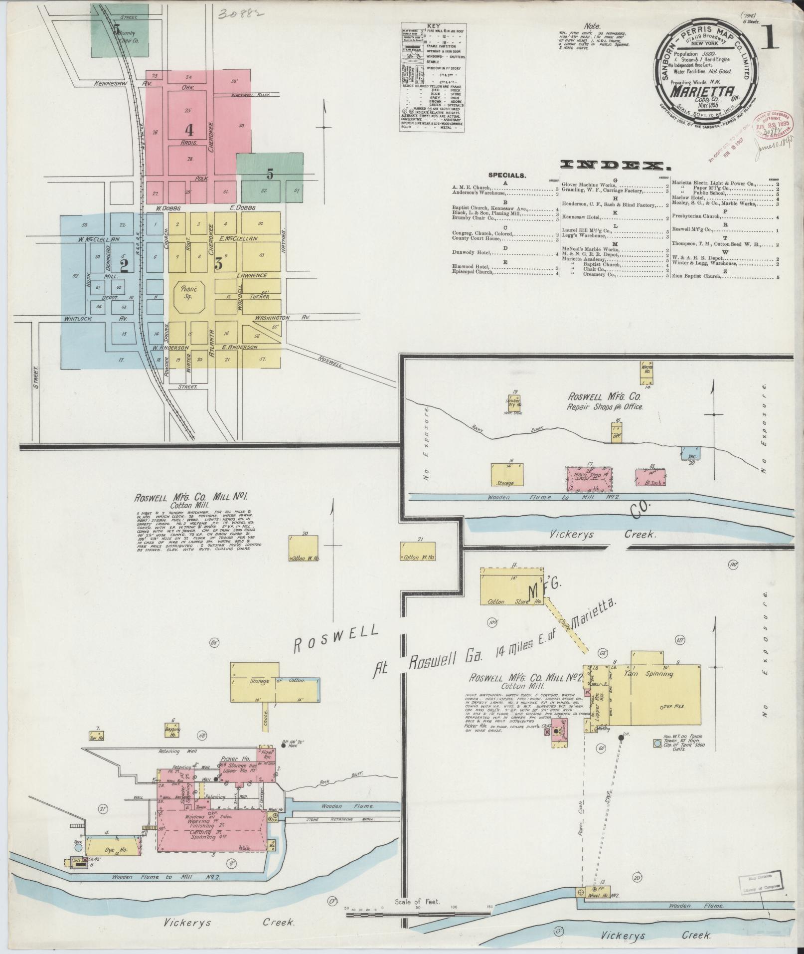 Sanborn Fire Insurance Map from Marietta, Cobb County, Georgia (1895), Sheet #0001 - Historic Sanborn Fire Insurance Map Print, vintage old map wall art, antique decor, genealogy gift, Georgia Georgia map