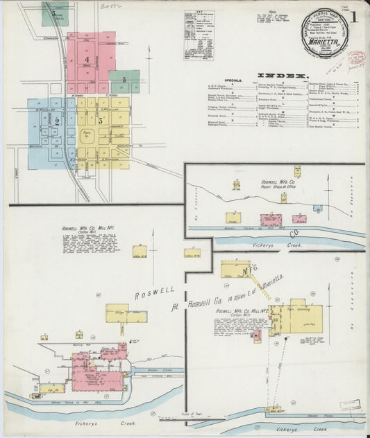 Sanborn Fire Insurance Map from Marietta, Cobb County, Georgia (1895), Sheet #0001 - Historic Sanborn Fire Insurance Map Print, vintage old map wall art, antique decor, genealogy gift, Georgia Georgia map
