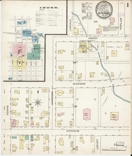 Sanborn Fire Insurance Map from Mount Pleasant, Henry County, Iowa (1886), Sheet #0001 - Historic Sanborn Fire Insurance Map Print, vintage old map wall art