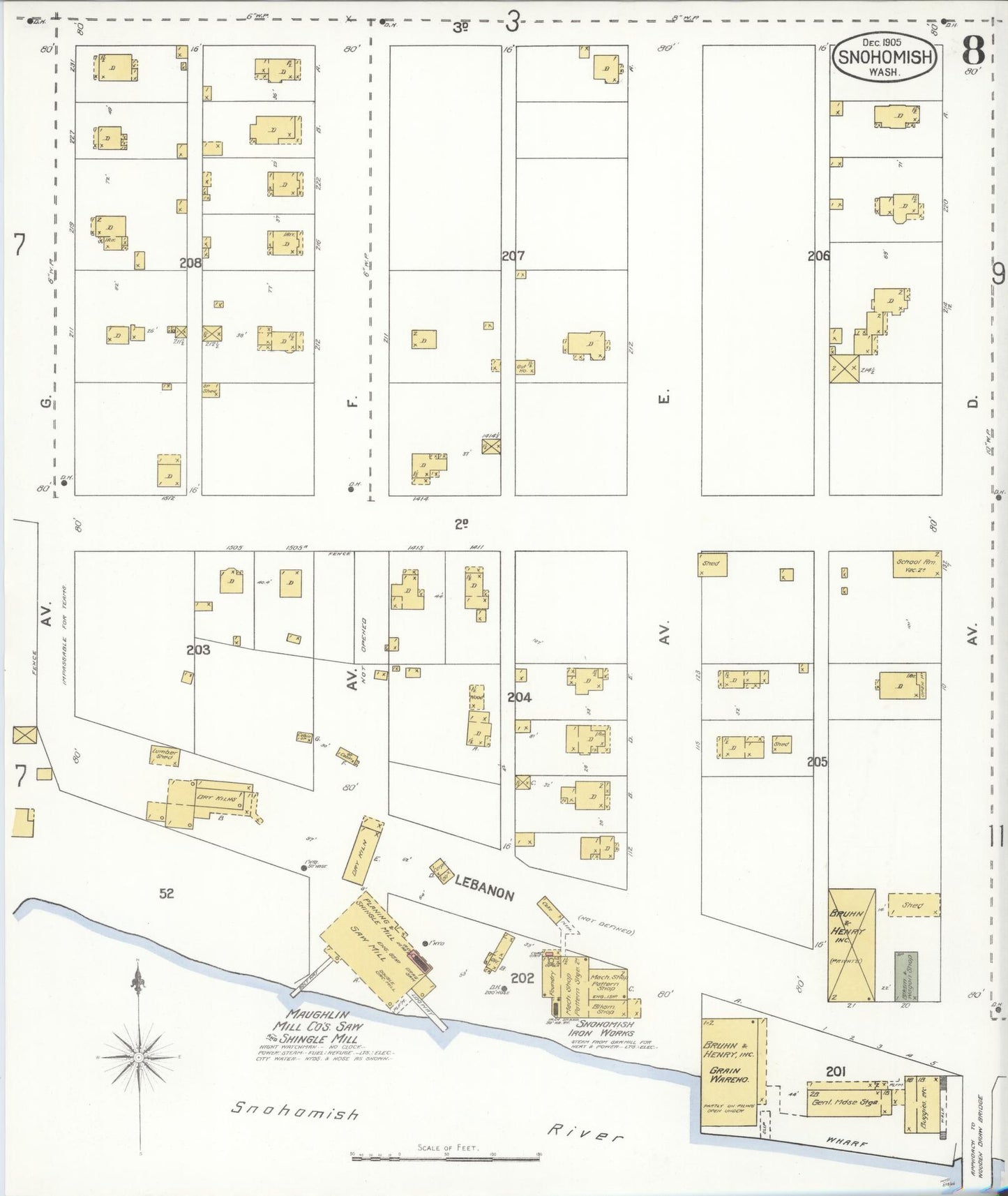 Sanborn Fire Insurance Map from Snohomish, Snohomish County, Washington (1905), Sheet #0008 - Historic Sanborn Fire Insurance Map Print, vintage old map wall art, antique decor, genealogy gift, Washington Washington map