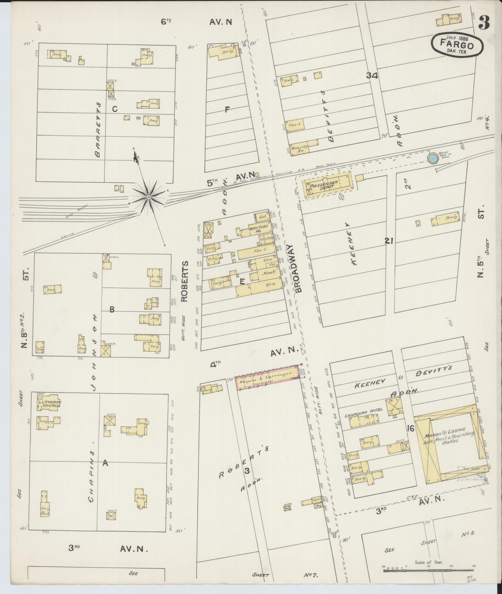 Sanborn Fire Insurance Map from Fargo, Cass County, North Dakota (1888), Sheet #0003 - Historic Sanborn Fire Insurance Map Print, vintage old map wall art, antique decor, genealogy gift, North Dakota North Dakota map