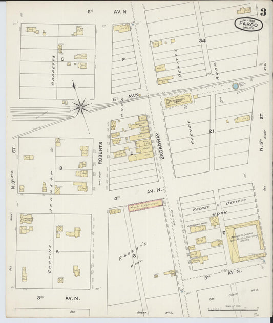 Sanborn Fire Insurance Map from Fargo, Cass County, North Dakota (1888), Sheet #0003 - Historic Sanborn Fire Insurance Map Print, vintage old map wall art, antique decor, genealogy gift, North Dakota North Dakota map