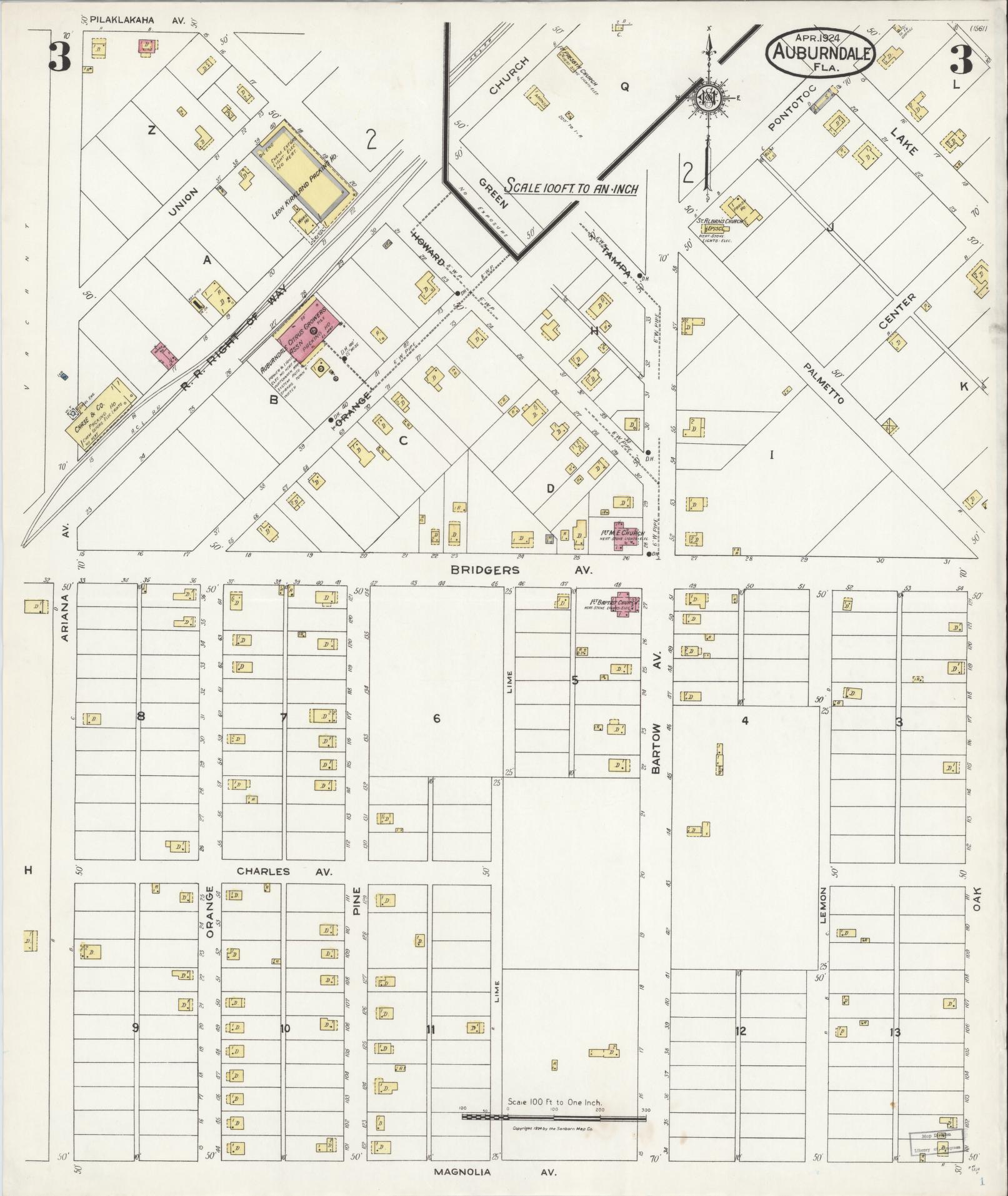 Sanborn Fire Insurance Map from Auburndale, Polk County, Florida (1924), Sheet #0003 - Complete Map Set gallery image, historic Sanborn map, vintage wall art, Florida Florida