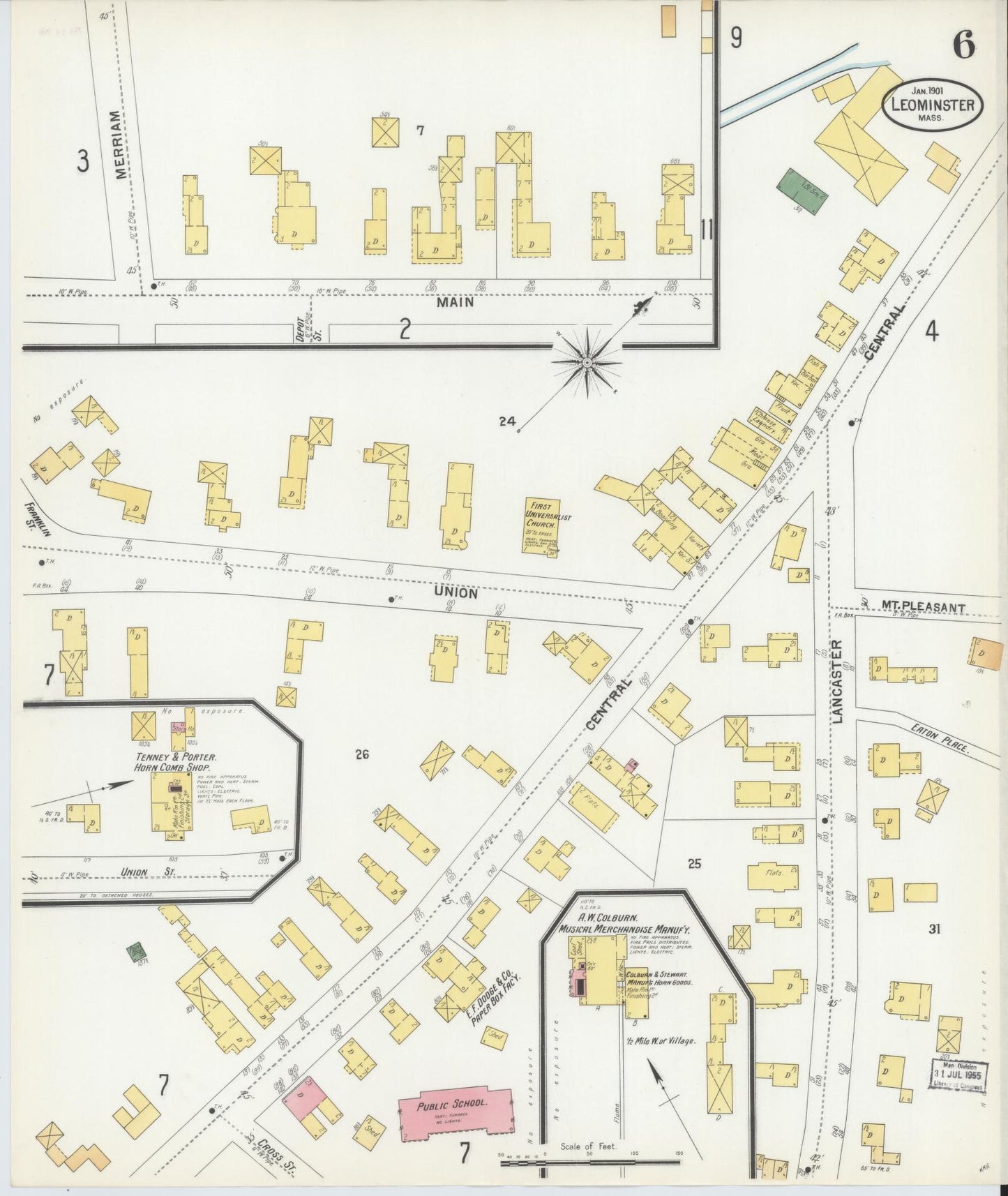 Sanborn Fire Insurance Map from Leominster, Worcester County, Massachusetts (1901), Sheet #0006 - Complete Map Set gallery image, historic Sanborn map, vintage wall art, Massachusetts Massachusetts
