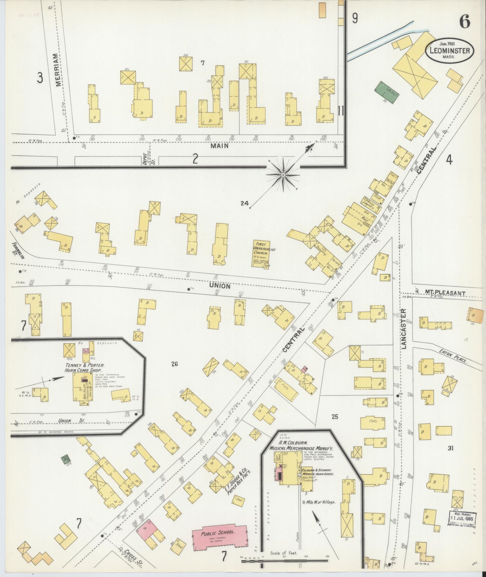 Sanborn Fire Insurance Map from Leominster, Worcester County, Massachusetts (1901), Sheet #0006 - Complete Map Set gallery image, historic Sanborn map, vintage wall art, Massachusetts Massachusetts