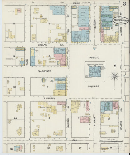 Sanborn Fire Insurance Map from Weatherford, Parker County, Texas (1889), Sheet #0003 - Complete Map Set gallery image, historic Sanborn map, vintage wall art, Texas Texas