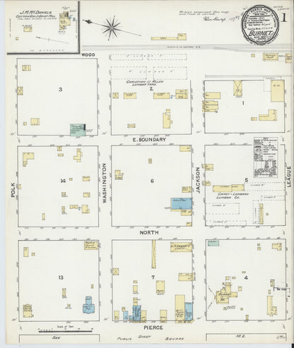 Sanborn Fire Insurance Map from Burnet, Burnet County, Texas (1891), Sheet #0001 - Complete Map Set gallery image, historic Sanborn map, vintage wall art, Texas Texas