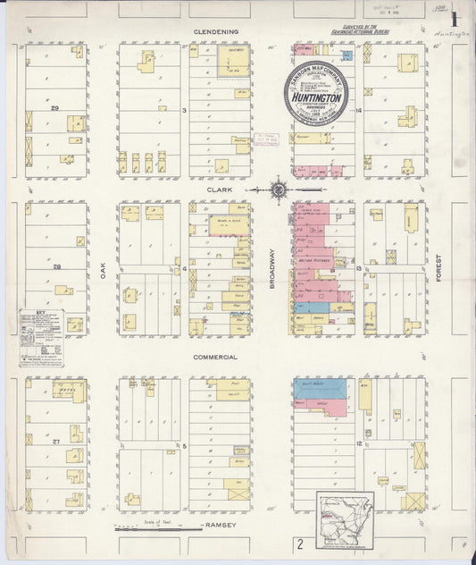 Sanborn Fire Insurance Map from Huntington, Sebastian County, Arkansas (1913), Sheet #0001 - Historic Sanborn Fire Insurance Map Print, vintage old map wall art, antique decor, genealogy gift, Arkansas Arkansas map