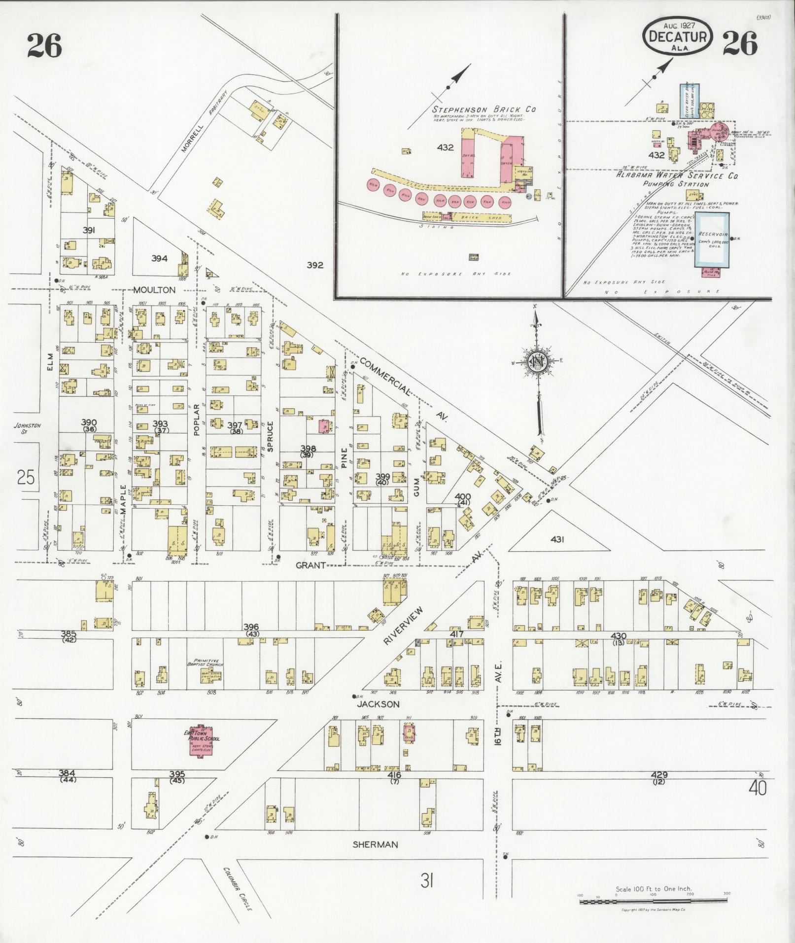 Sanborn Fire Insurance Map from Decatur, Morgan County, Alabama (1927), Sheet #0026 - Historic Sanborn Fire Insurance Map Print, vintage old map wall art, antique decor, genealogy gift, Alabama Alabama map